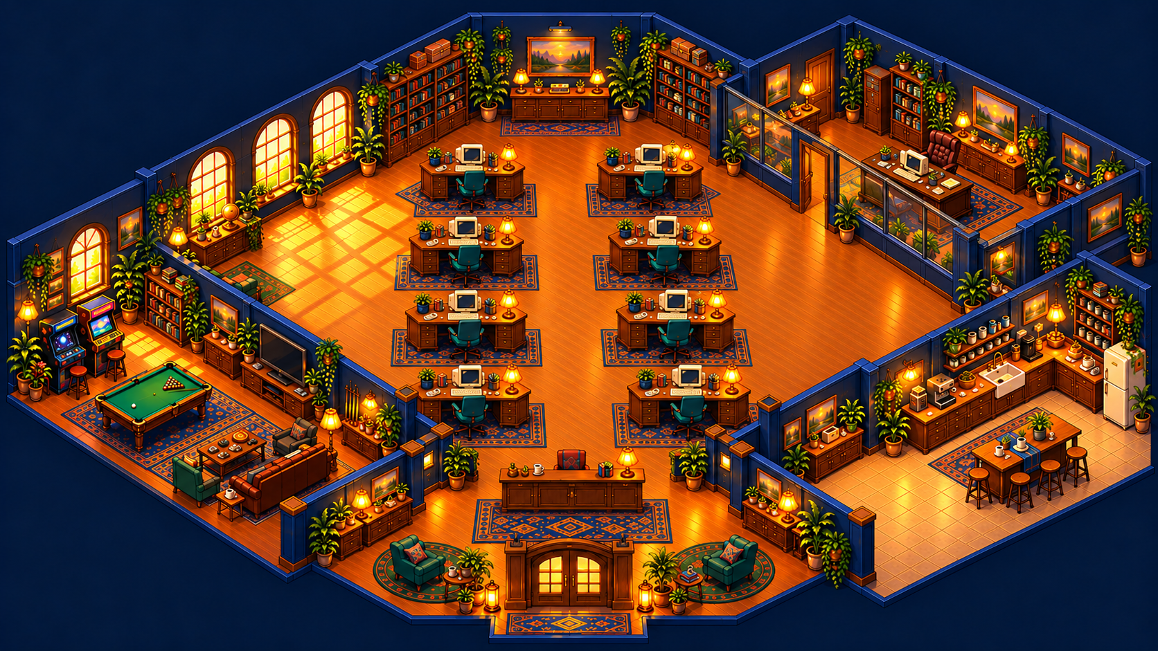 Expanded isometric office with eight dedicated workstations, a private CEO room, games lounge, pantry and reception lobby